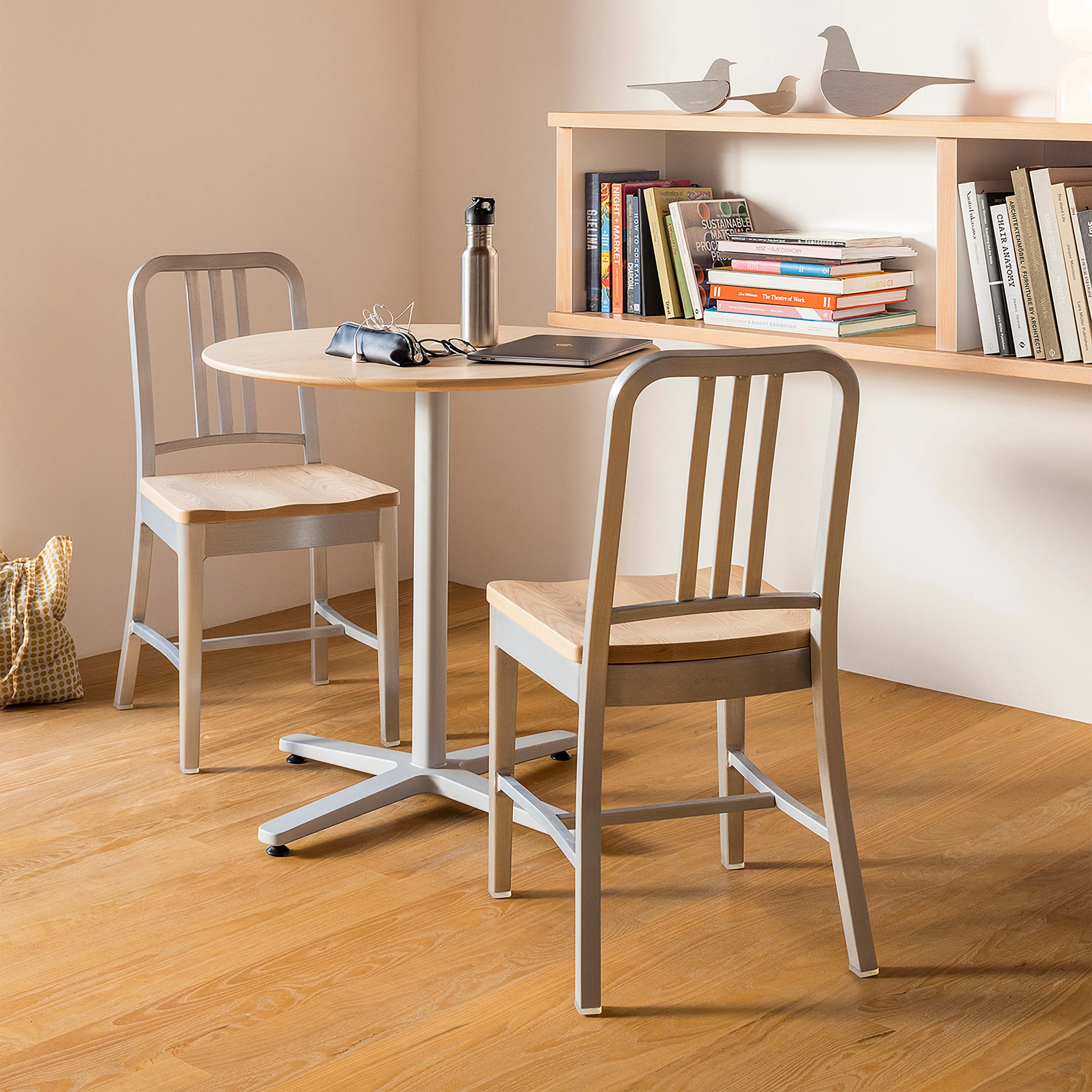 Navy Chair with Natural Wood Seat