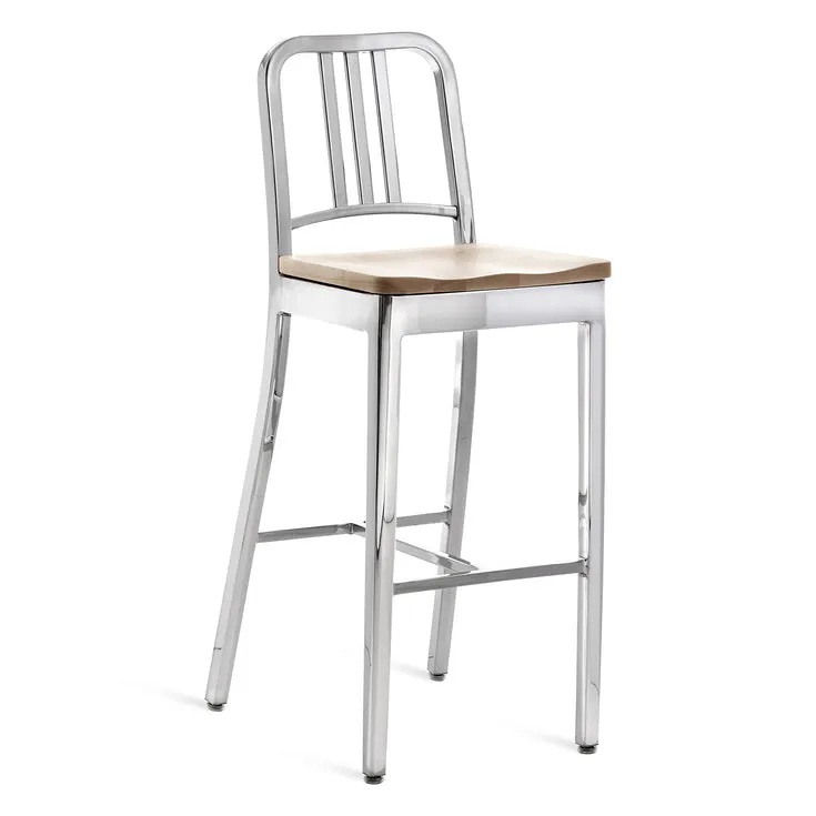 Navy Stool with Wood Seat