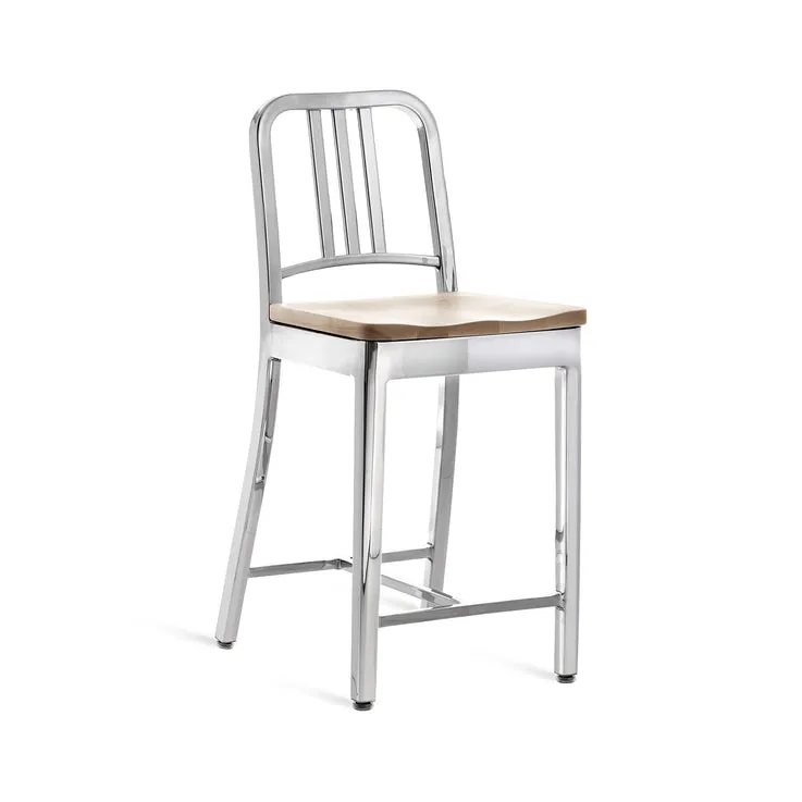 Navy Stool with Wood Seat